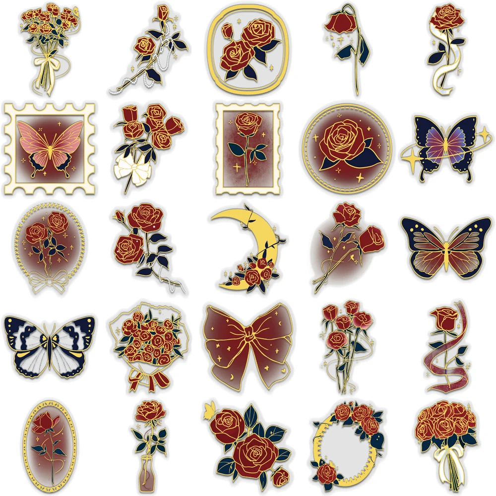 สติกเกอร์ลายการ์ตูนสไตล์วินเทจลายดอกกุหลาบ 10/30/50 ชิ้น สติกเกอร์ใส PET สำหรับตกแต่งกระเป๋าเดินทาง สมุดโน้ต โทรศัพท์ ของเล่น