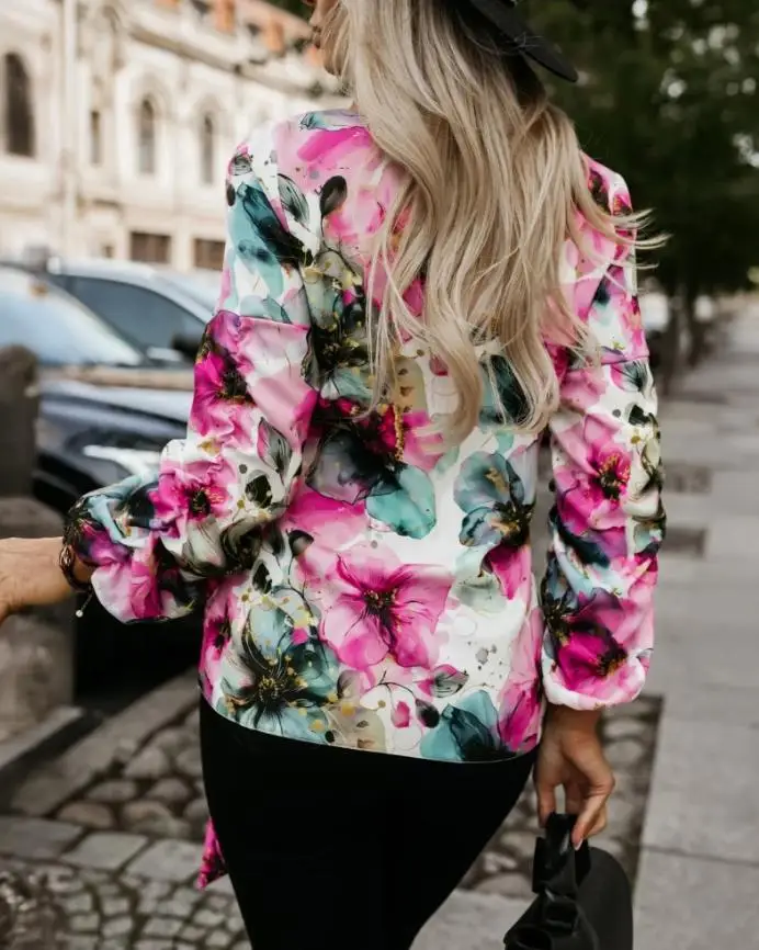 

2025 Flower Print Round Neck Bow Waistband Shirt Casual Top Autumn Women Elegant Slim Fit Lace Up Long Sleeved Chiffon Shirt Top