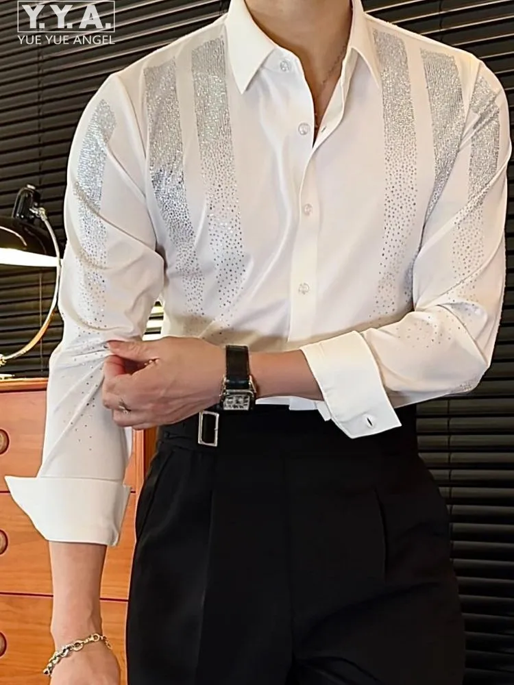 

Новая офисная мужская универсальная двухрядная рубашка со стразами, весенняя рубашка с длинным рукавом, облегающая рубашка с воротником с лацканами, деловая повседневная одежда