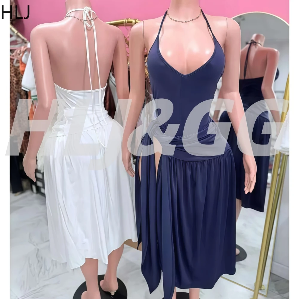 

HLJ Sexy Two Piece Outfits Woman Halter Sleeveless Backless Bodysuit + Bandage Patchwork Skirts Matching Female Streetwear New