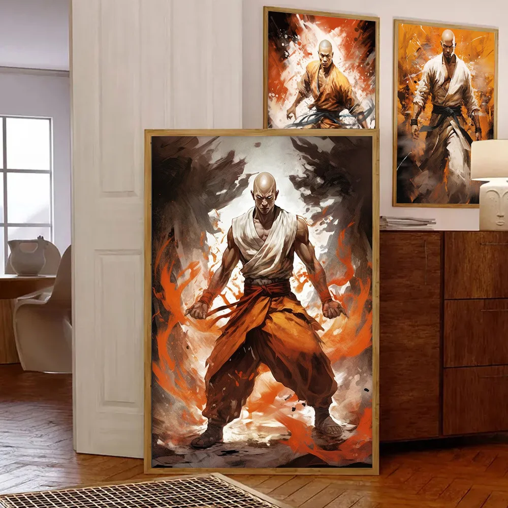 شاولين معبد الراهب المحارب المشارك يطبع لغرفة المعيشة ، ديكور المنزل ، الصينية KongFu البوذية قماش اللوحة ، جدار الفن