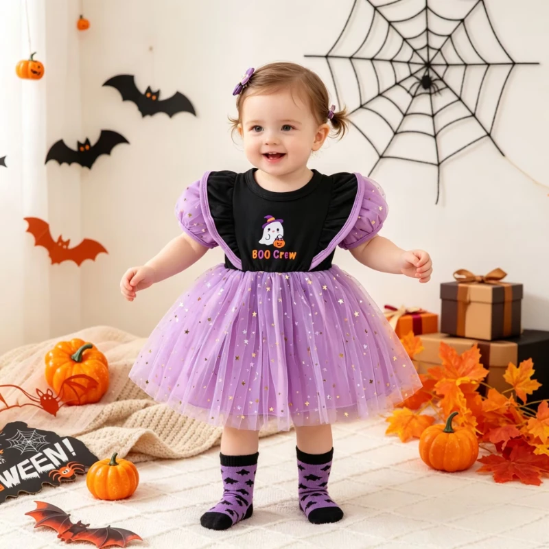 Toddler Baby Girls Halloween Ghost Tutu Dress Black Purple Puff Sleeve Outfit With Stars Mesh Skirt And Boo Crew Print 0 24M