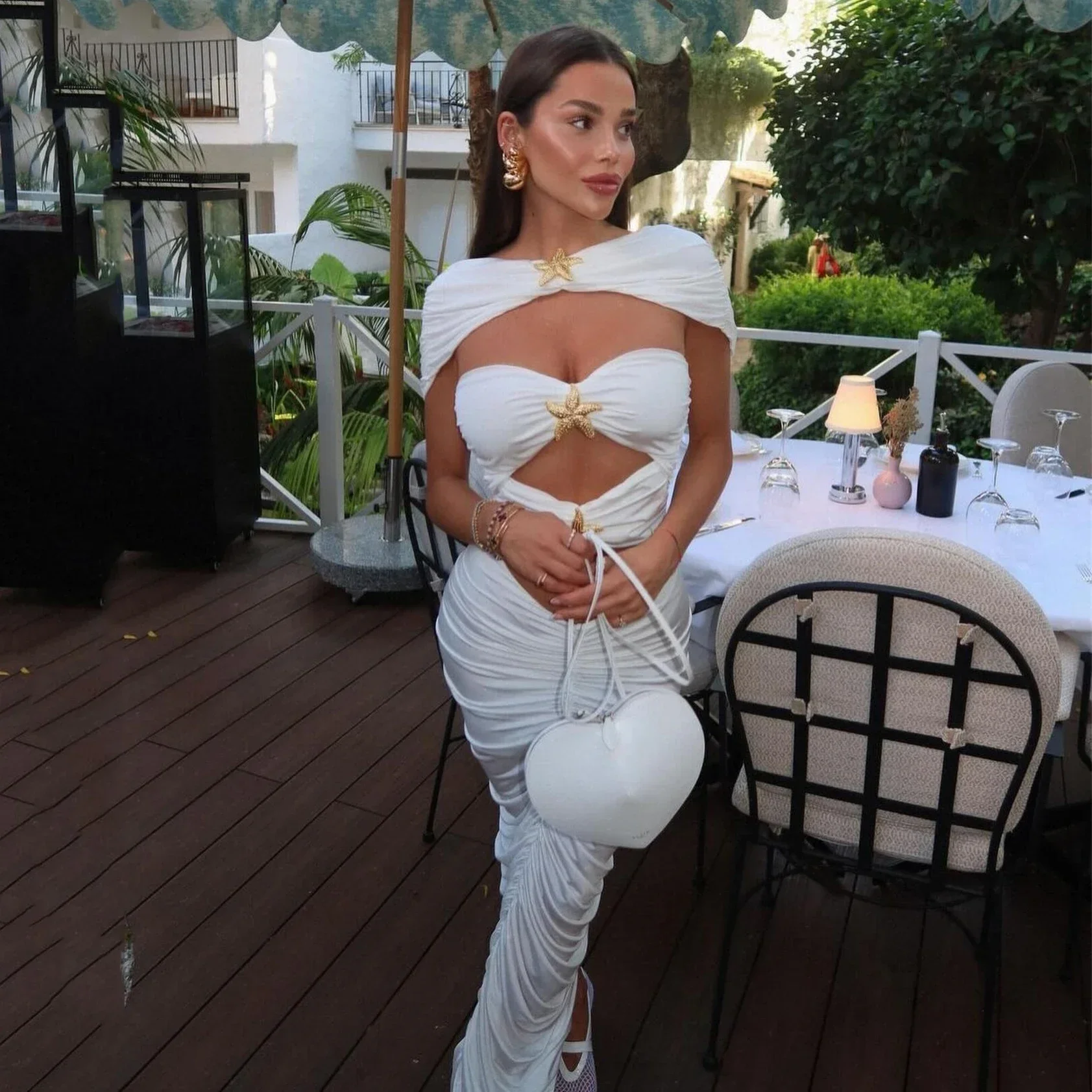 

Shiny Star Swimsuit With Beach Dress White Elegant Women Swimwear Bandage Bikinis Cutout Swim Suits Slimming Bodysuit Outfits