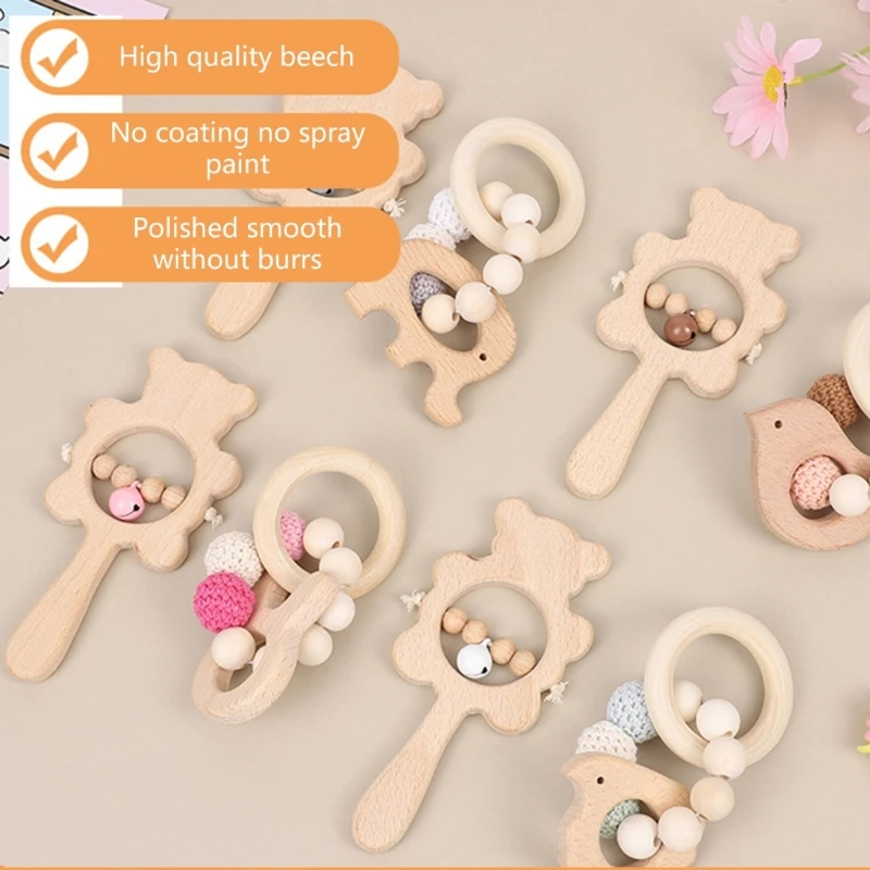 

2pcs Wooden Rattle Teether Toy for Baby Cartoon Bear Handbell TeetherRing Bead Bracelets Music Toy Infant Teething Gift