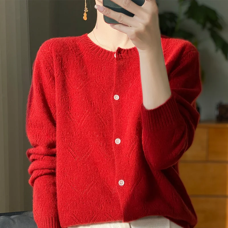 Spring Autumn Women Hollow Cardigan Knitwear 100% Merino Wool Tops O-neck Long Sleeve Women Sweater Korean Popular Clothing Tops