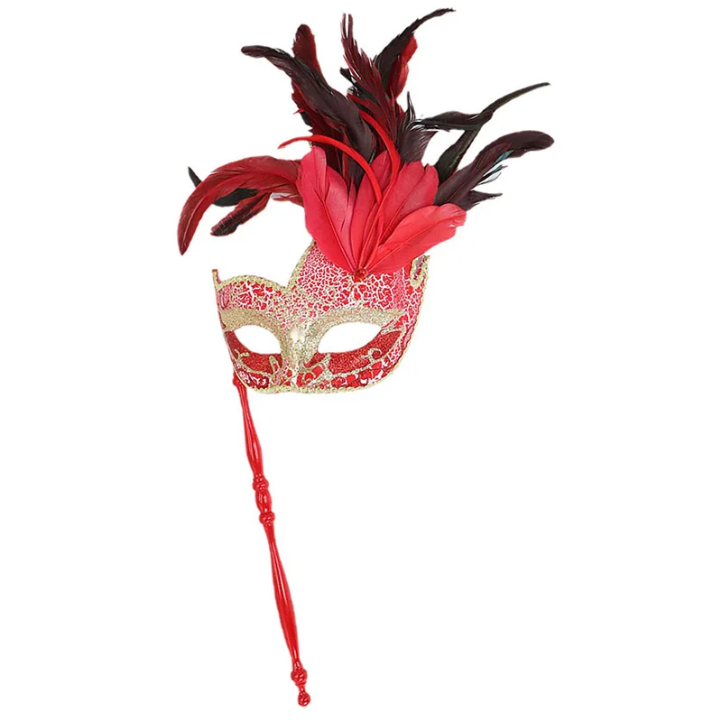 

Feather Masquerade Mask With Stick Shiny Women Men Halloween Carnival Mardi Gras Easter Cosplay Show Party Handheld Half Eyemask