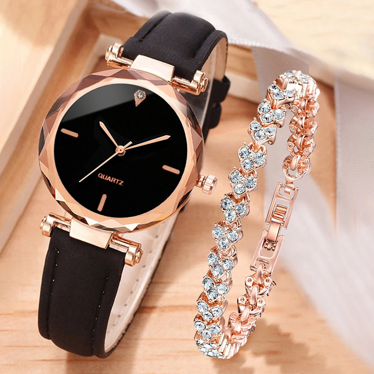 2PCS/Set Women\'s Watch Fashion Leather Band Analog Quartz Watches Rhinestone Bracelet Set