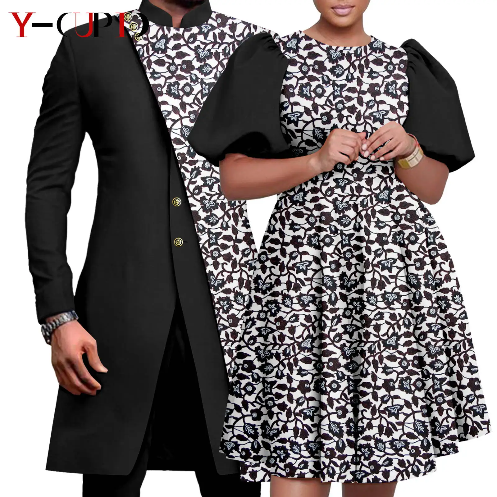 African Couple Matching Clothes Dashiki Women Print Dresses Bazin Riche Men 2 Pieces Suit Patchwork Jacket and Pant Sets Y23C076