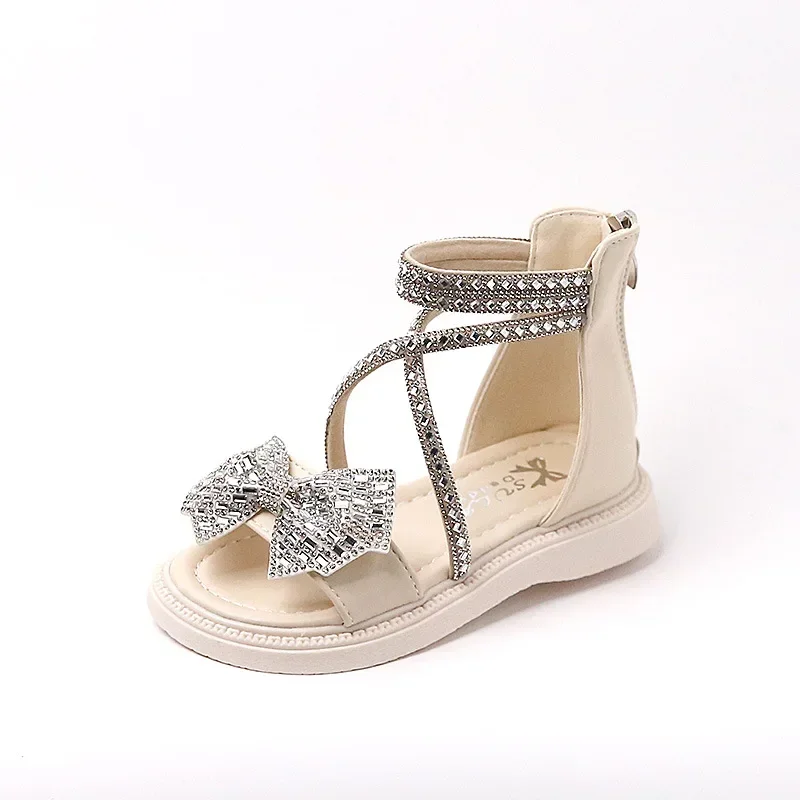 Rhinestones Baby Sandals GLADIATOR Bow Chic Elegant Girls Sandals Children Fashion Performance Shoes for Party Wedding Kids PU