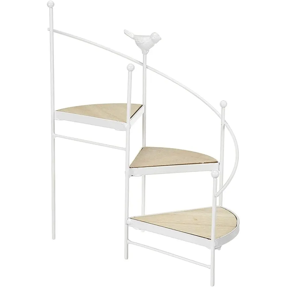

3-Tier White Iron Plant Stand with Wooden Shelves for Indoor and Outdoor Garden Decor