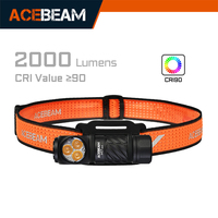 ACEBEAM H17 2.0 headlamp three 4000K neutral white LEDs CRI 90 2000 lumens 128 meters RGB light 18350 battery headlight torch