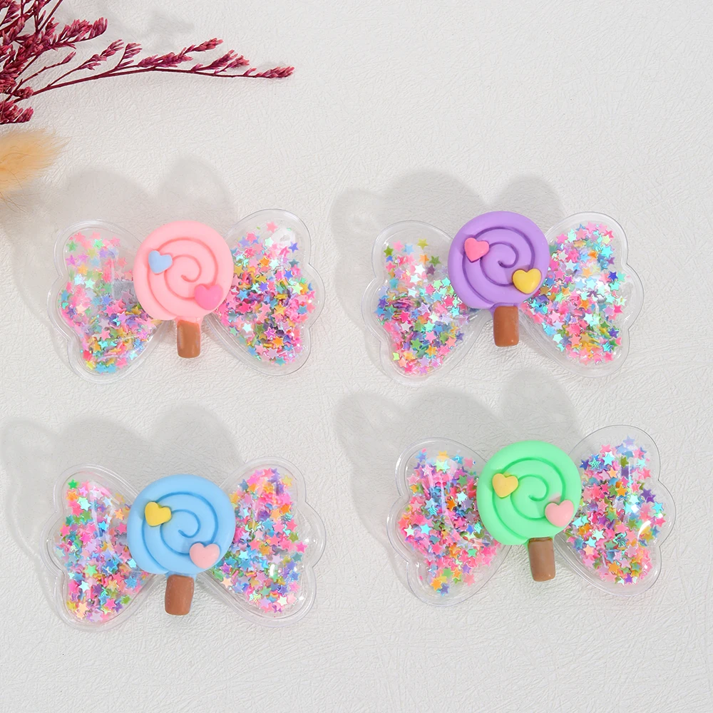 4 Pieces Girls Lollipop Bowknot Hair Clips Decorative Star Filled PVC Multicolor Hair Barrettes Cute Kids Hair Accessories