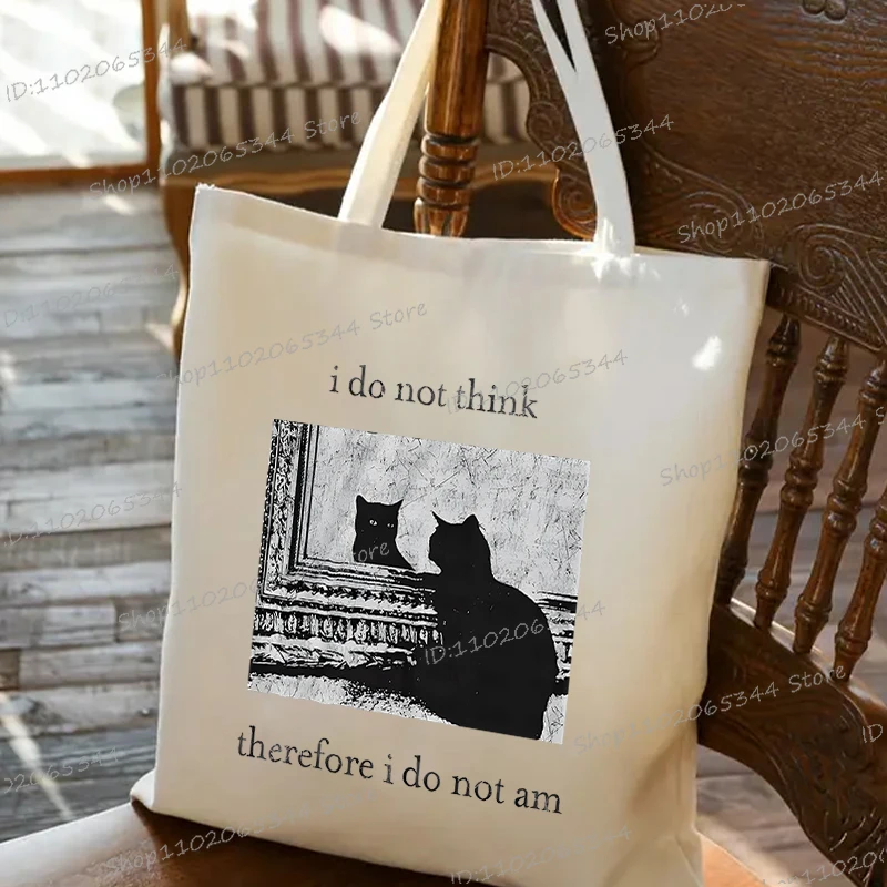 "I Do Not Think Therefore I Do Not Am" Funny Cat Tote Bag Grunge Vintage Goth Cat Shopping Bags Women Men Fashion Shoulder Bag view 2