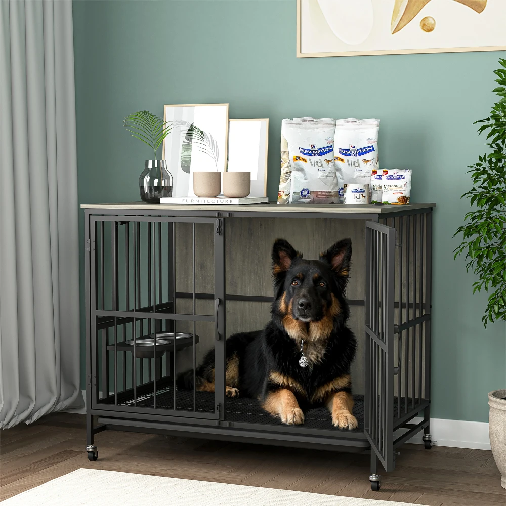 

Dog Kennel with 360 Degree Rotation, Multi-Purpose Tray, Lift Panel and 3-Height Adjustable Bowls for Dog up to 80 LB