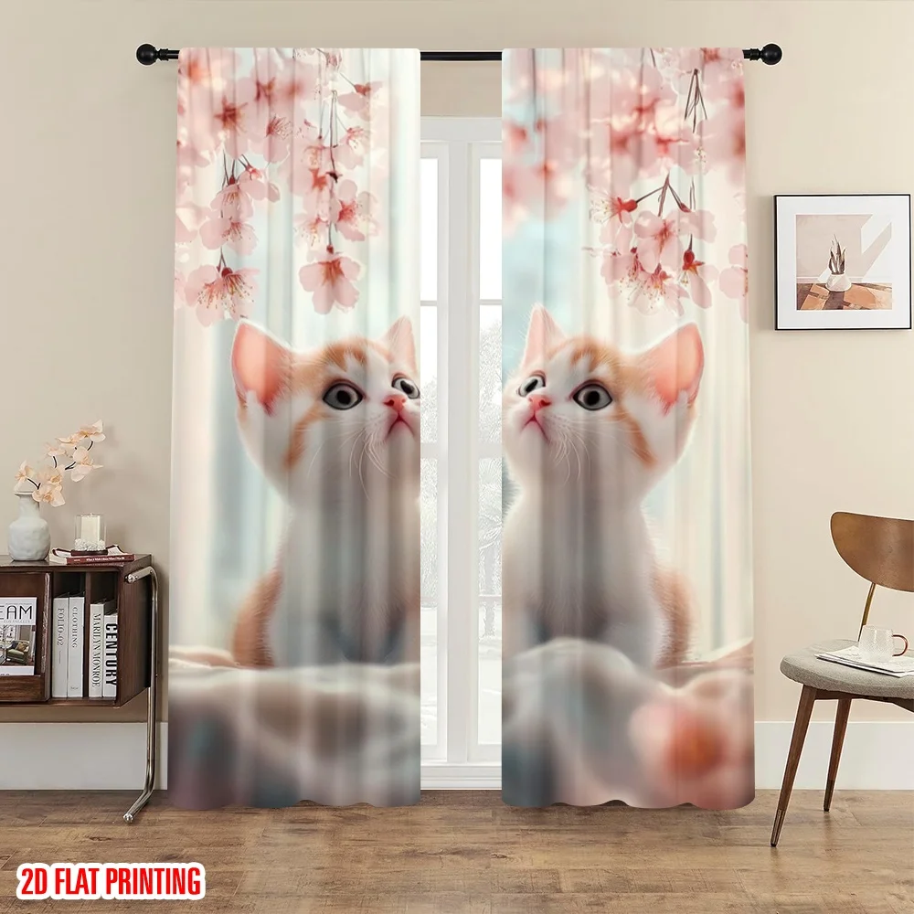 

2pc,2D plane printing Pattern Curtains Blossom Kittens Polyester Easy Install (without rod) Versatile All Perfect for Bedroom,