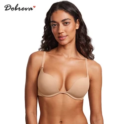 DOBREVA Women's Push Up Bra Deep Plunge V Sexy Underwire Low Cut T Shirt Cleavage Padded Seamless Lingerie