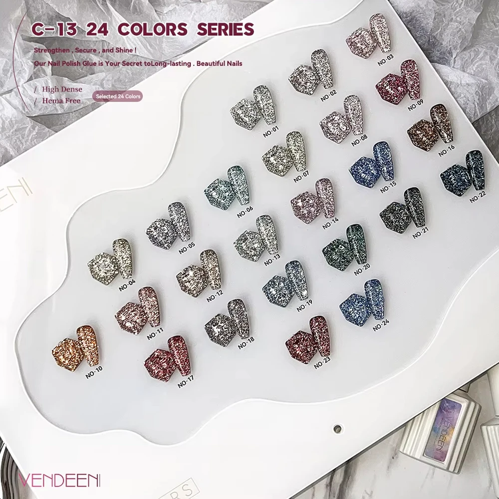 Vendeeni 24 لون/مجموعة بريق كسر الماس هلام مسمار البولندية UV نقع قبالة هلام ورنيش فلاش مسمار الفن هلام الورنيش مع العرض