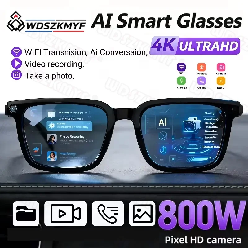 800W AI Smart Glasses 4K Mini Camera Multifunctional Bluetooth Call Mah Voice Assistant Control Sunglasses Action Cam for vlog