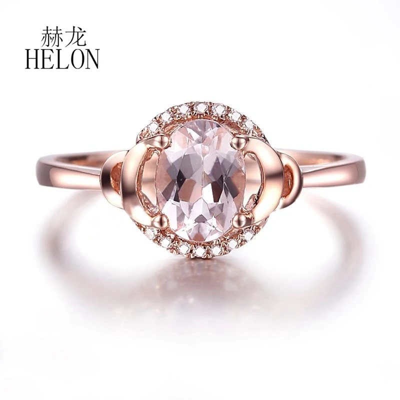 HELON Solid 14k AU585 Rose Gold Ring Natural Diamonds Morganite Engagement Wedding Ring for Women Genuine Jewelry Trendy