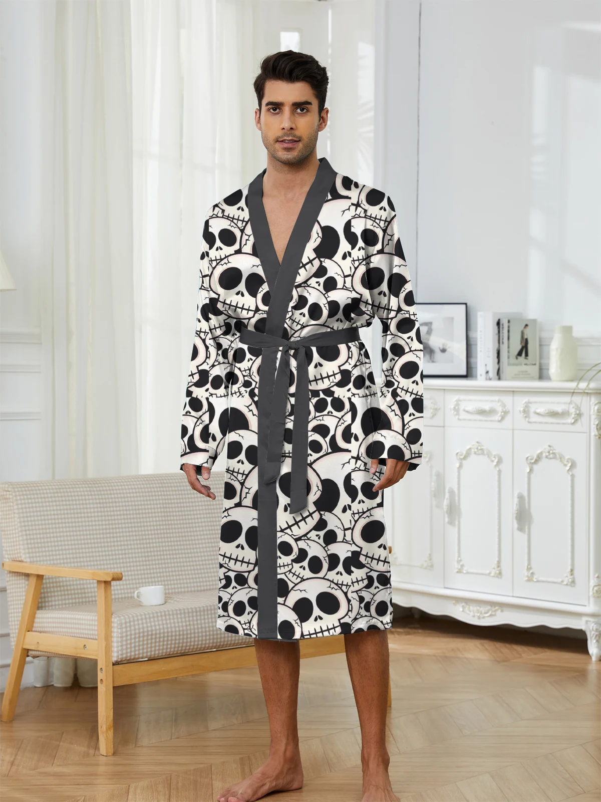 Trendy Men's Long Robes with Digital Printing, and Fun Spring and Autumn Home Sleeping Robes with Skull Patterns.