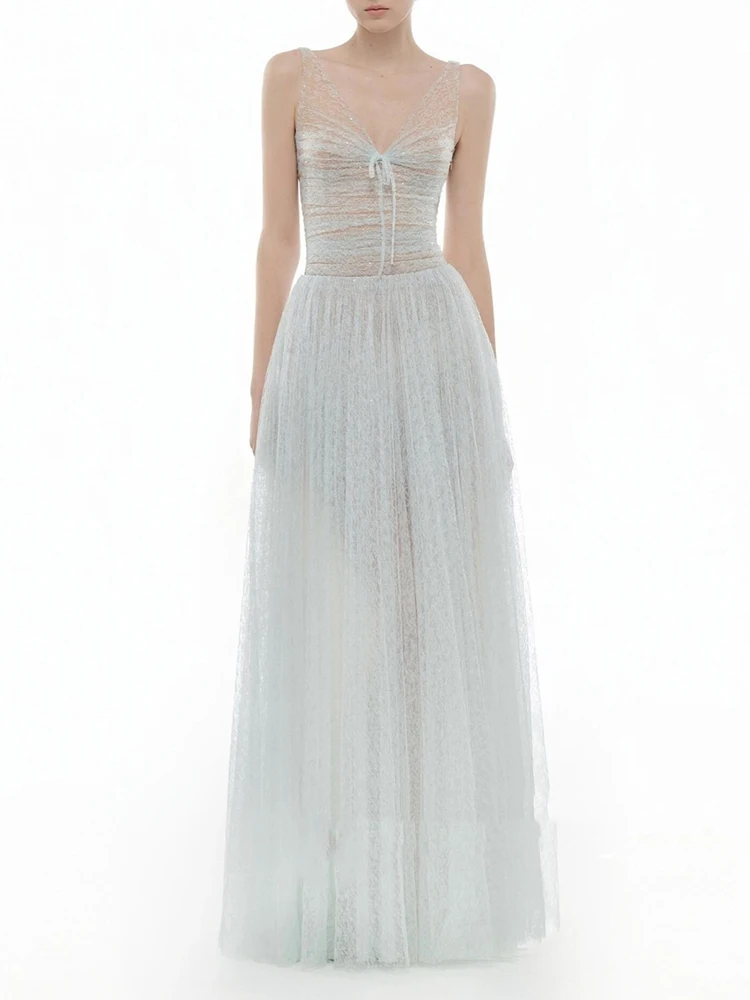 

Fashion Mesh V Neck Spaghetti Strap Dresses Spring Women Sleeveless Slim Long Dress Autumn High Waist Zipper Solid Straps Dress