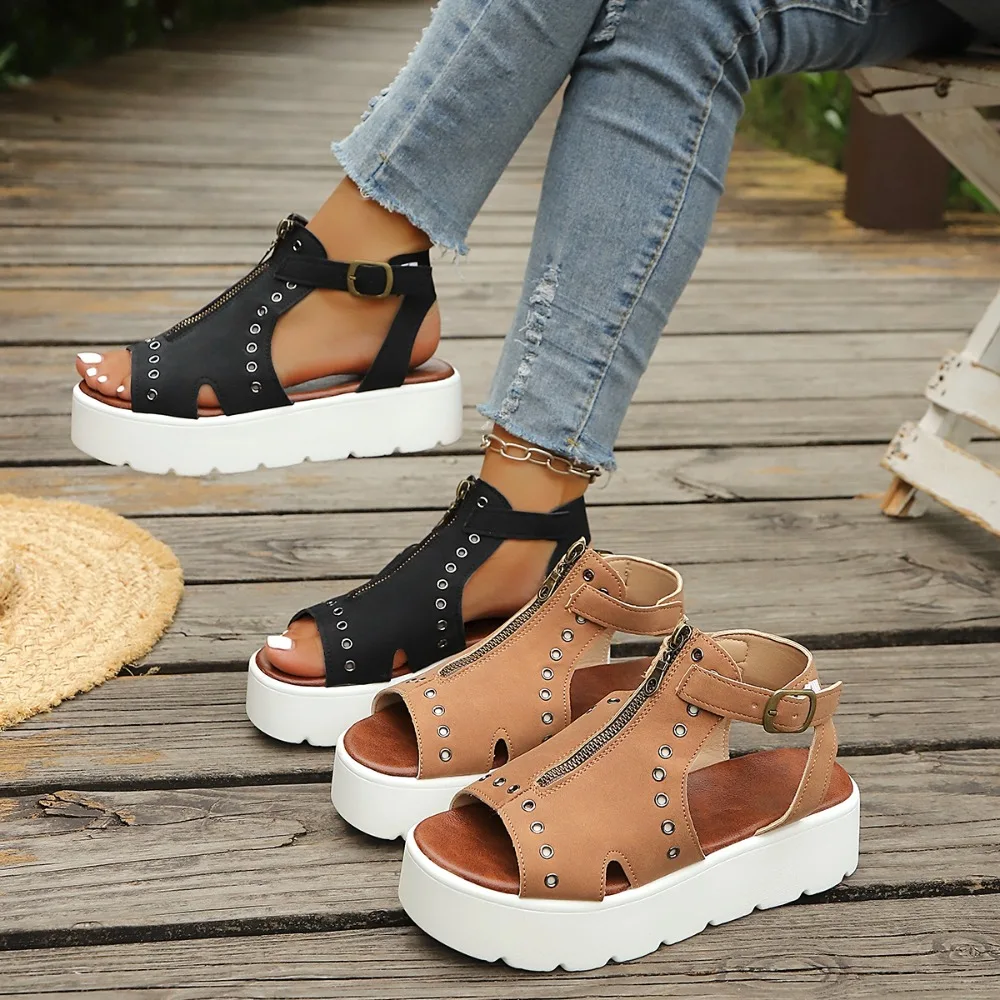 2026 new Women Open Toe Platform Roman Sandals Front Zipper Metal Eyelet Ankle Strap Buckle Chunky Sole  Summer Casual Sandals
