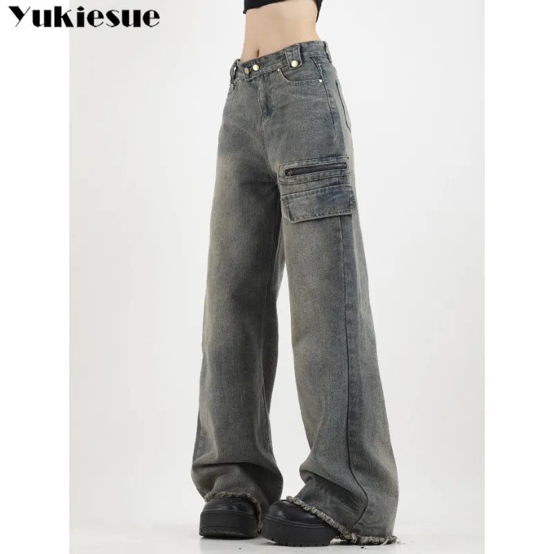 

2023 Spring Full Length Wide Leg Fashion Trousers Y2K Jeans Woman High Waisted Jeans Zipper Fly Vintage Burr Button Denim Pants