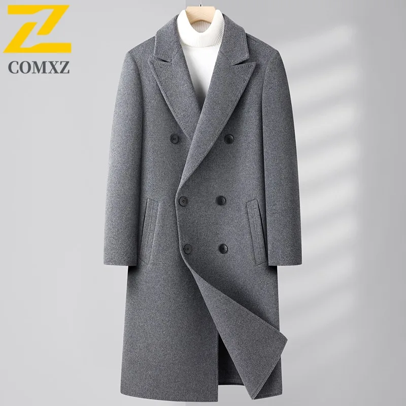 

COMXZ 2025 Men Long Double Breasted Wool Coat Down Inner Layer Reversible Cashmere Overcoat Knee Length Winter windbreaker