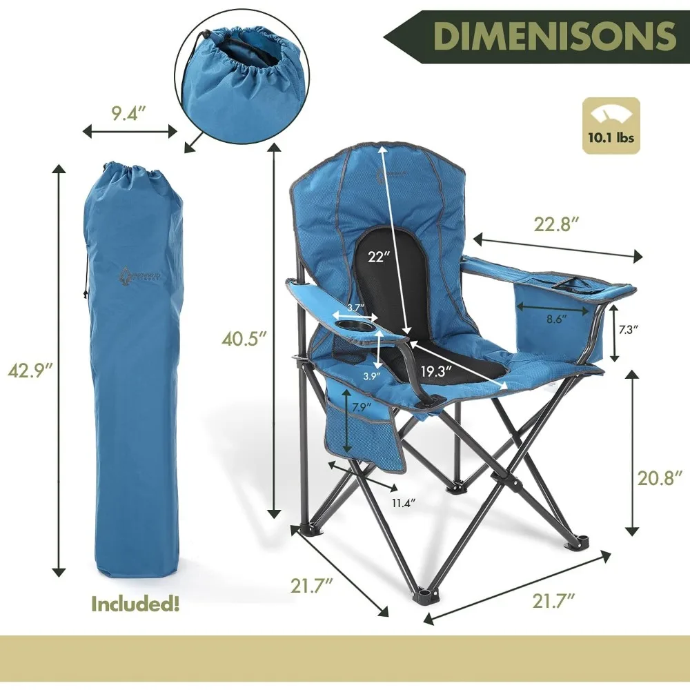 Chaise de camping pliante portable avec refroidisseur à 4 canettes, porte-gobelet et sac de transport robuste pour un transport facile