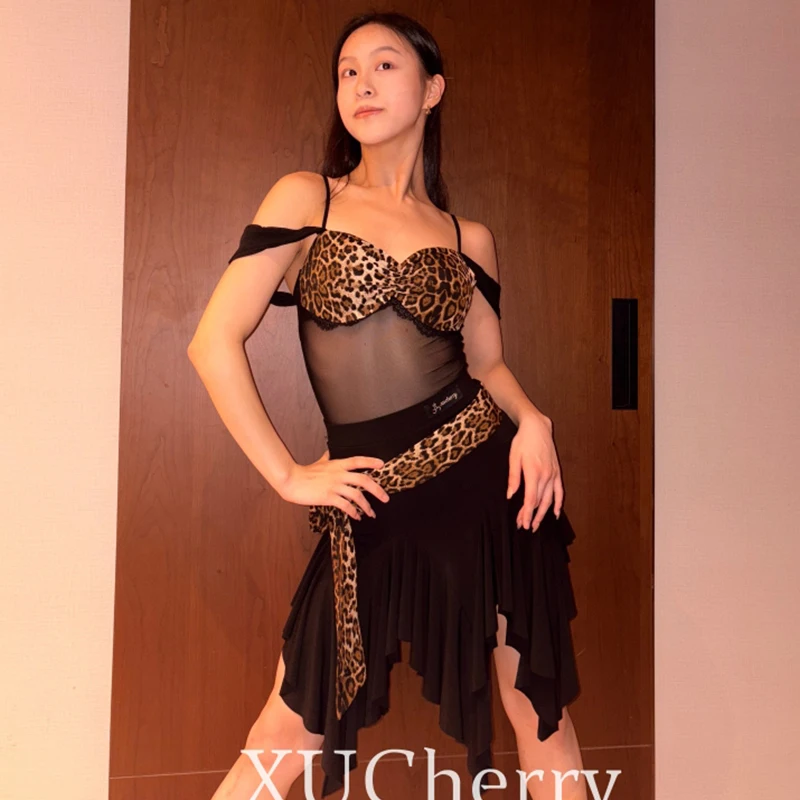 

Sexy Latin Dance Clothes Leopard Mesh Tops Irregular Skirt Adult Latin Practice Clothes Rumba Samba Salsa Dance Dresses DNV23917