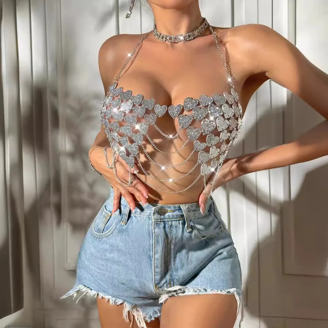 Sexy Sequin Patchwork Metal Chain Strap Beach Nightclub Glowing Girl Street Snap Hanging Neck Strap Y22462 Women's Tube Top