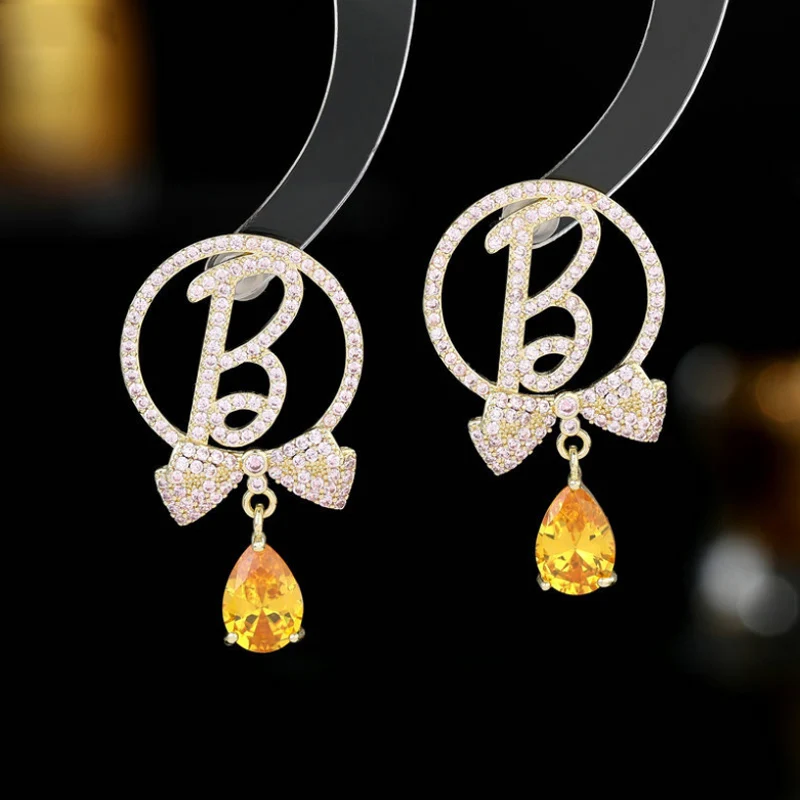 

Fashion B Letter Titanium Steel Micro-Inlaid AAA Zircon Bow Earrings Luxury Silver Needle Accessories