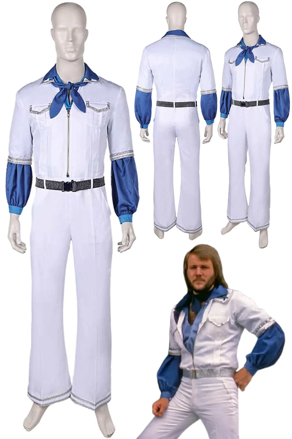 Benny Anderson Cosplay Retro Jumpsuits Costume 70s Band Vintage Men White Pants Top Blue Tie Outfit Male Halloween Carnival Suit