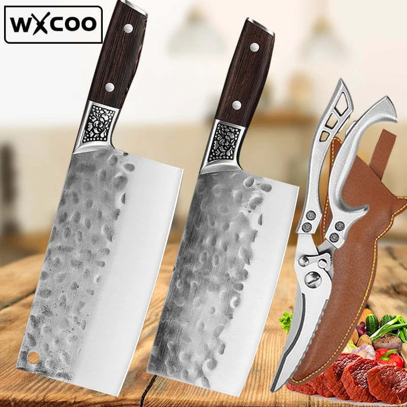 WXCOO Forged Kitchen Scissors Chef Knife Set High Carbon Steel Meat Vegetables Slicing Knives Butcher Cleaver Chope Bone Knife