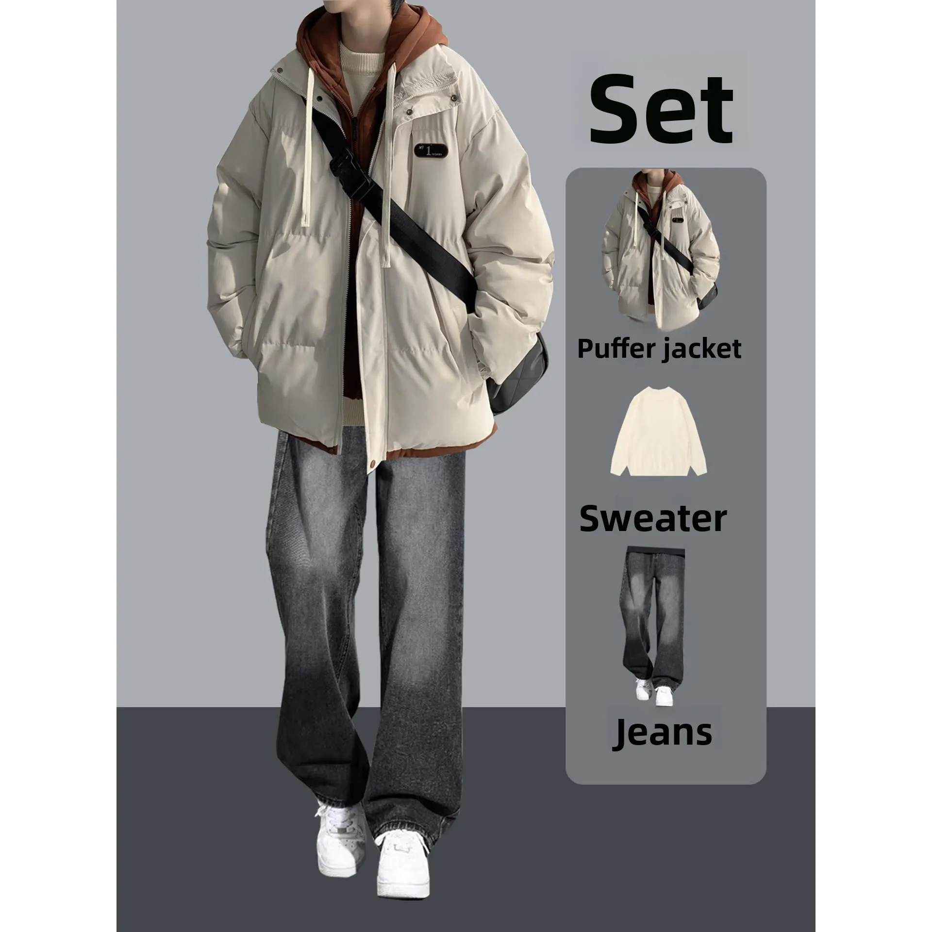 

Cool Sli American High Street down Cotton Jaet Set for Men Winter Hooded Bread Coat Outerwear Tee-Piece Set Youth Trend