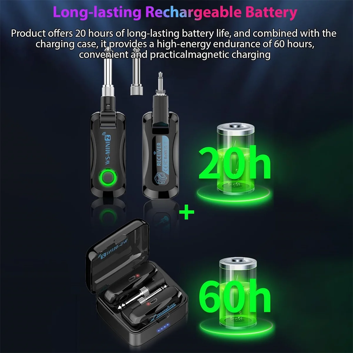 2.4GHz Wireless Guitar System (4 Channels)，Rechargeable Transceiver with Magnetic Charger, For Guitar, Bass