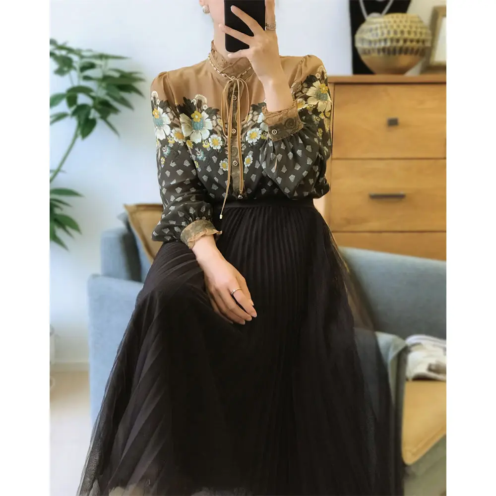 Elegant Stand Collar Shirt Spring Autumn Vintage Floral Printed Lace Female Clothing Single-breasted Fashion Drawstring Blouse