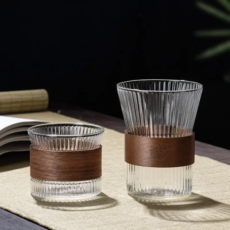 PARACITY Glass Cup Japanese Transparent Heat-Resistant Flower Tea Cups Walnut Anti-Scalding Sleeve Design Coffee Cup