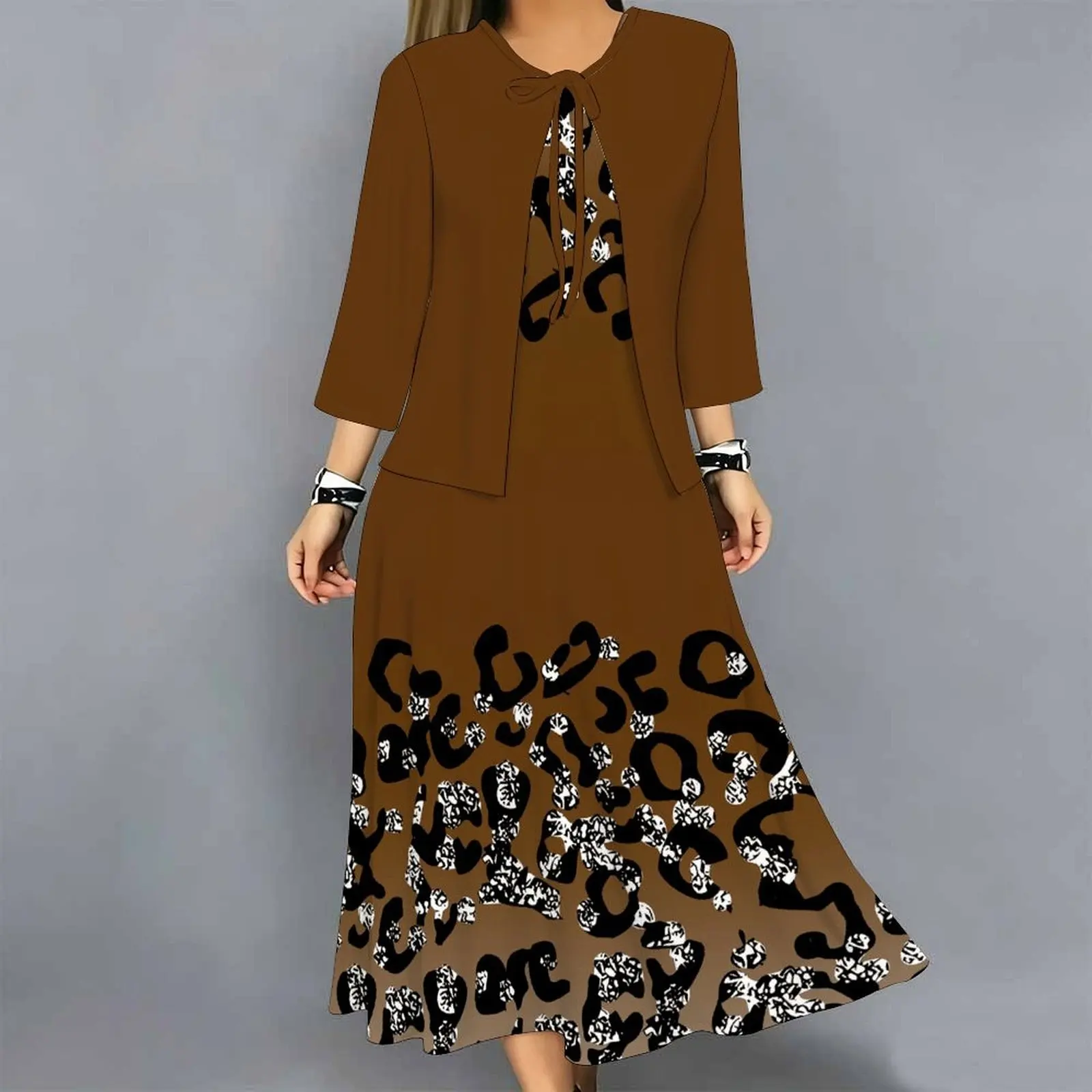 Women 2 Piece Dress Set Print 3/4 Sleeve Cardigan and Midi Dress Loose Casual Vacation Ladies Outfit