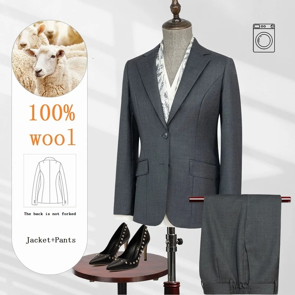 

High Quality 100% Wool Grey Women Suit Business Formal Occasion Wedding Party Lady Mother 2 Piece Set Blazer Pant