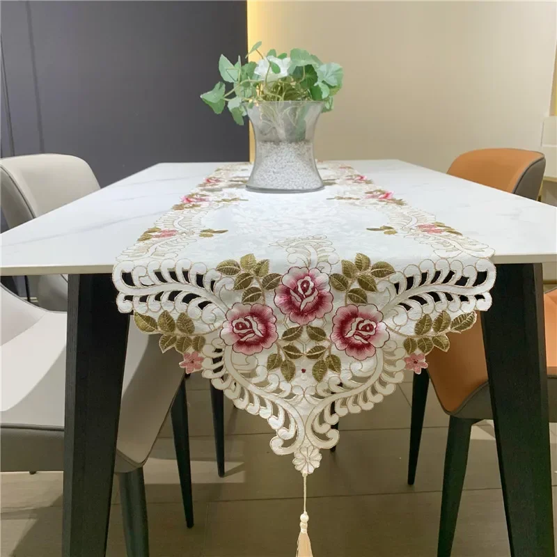 New Table Runner Flower Hollow Long Strip Fabric Table European Simple Bed Flag Embroidered Table Flag Shoe cabinet cover cloth