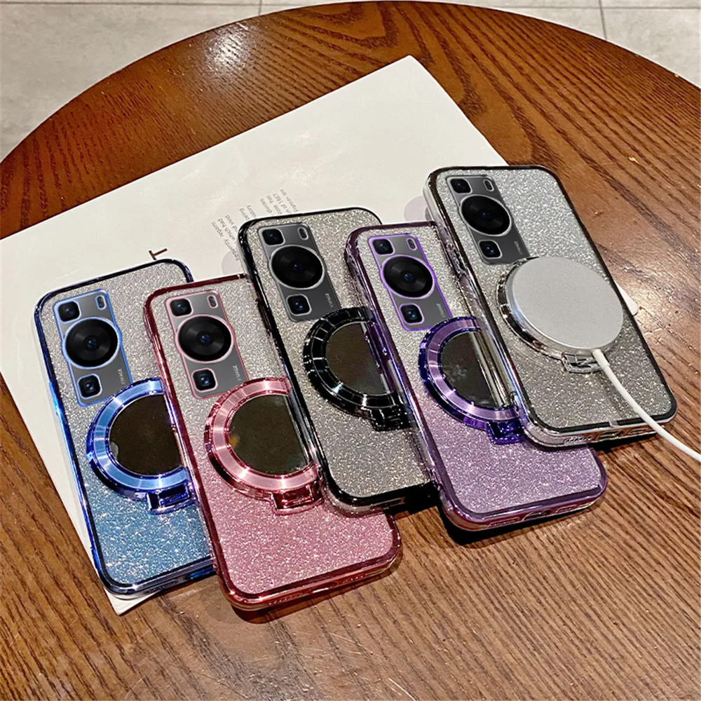 Plating Glitter Magnetic Ring Holder Case For Huawei P30 Lite P40 P50 P60 P70 Pro P Smart 2021 Mate 40 50 Pro Mirror Stand Cover