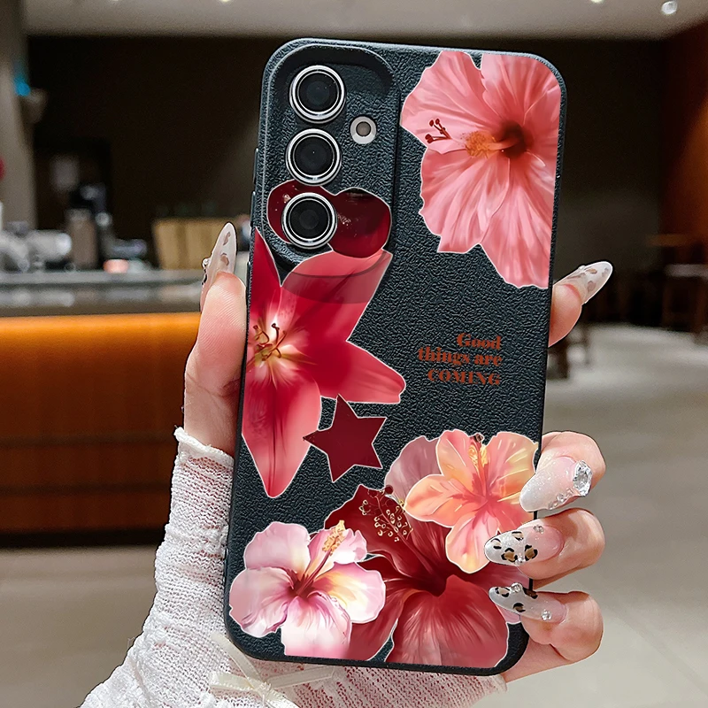 Blumenmuster Silikonhülle für Samsung Galaxy S25 Edge S24 FE S23 S22 S21 Ultra A17 A56 A55 A36 A15 A16 Lederstrukturhülle