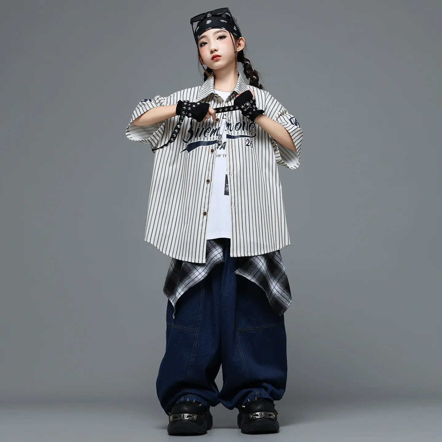 

Kid Kpop Hip Hop Clothing White Striped Short Sleeve Shirt Denim Blue Wide Leg Jeans Pants for Girl Boy Dance Costumes Clothes