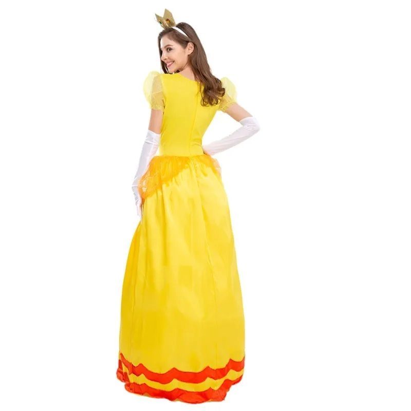 Super Marios Bros Daisy Princess Summer Dress for Women Adult Cosplay Costume Carnival Party Lady Dresses with Glove Crown Suit