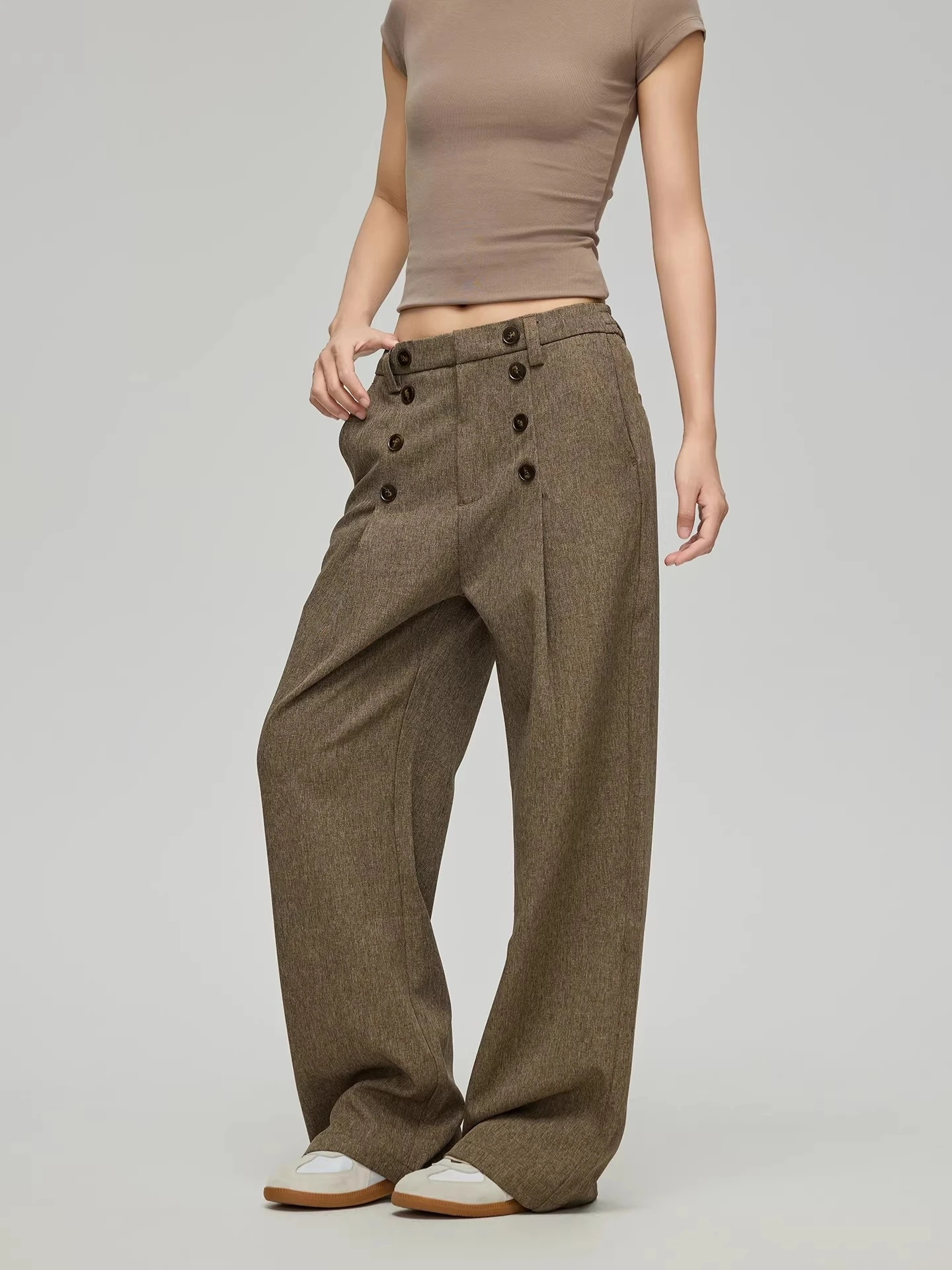 Calças Casuais de Corte Reto com Pernas Largas para Mulheres, Calças de Terno Sem Necessidade de Passar, Com Botões Duplos Decorativos, Estilo Old Money, Calças de Lazer