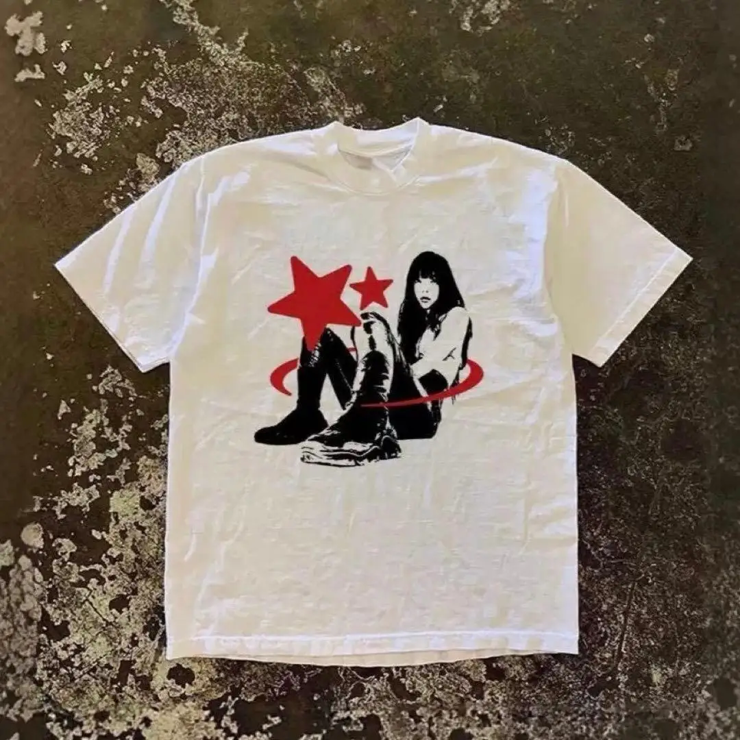 Cyberpunk Red Star Anime Girl Vintage Y2K  Street Trendy Brand Graphic T-Shirt Cotton Men Women Streetwear Tee