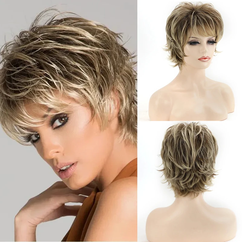 

Fashion Short Wigs Pixie Cut Hair Costume Party Curly Wavy Wig with Bangs Pixie Cut Wig for Women