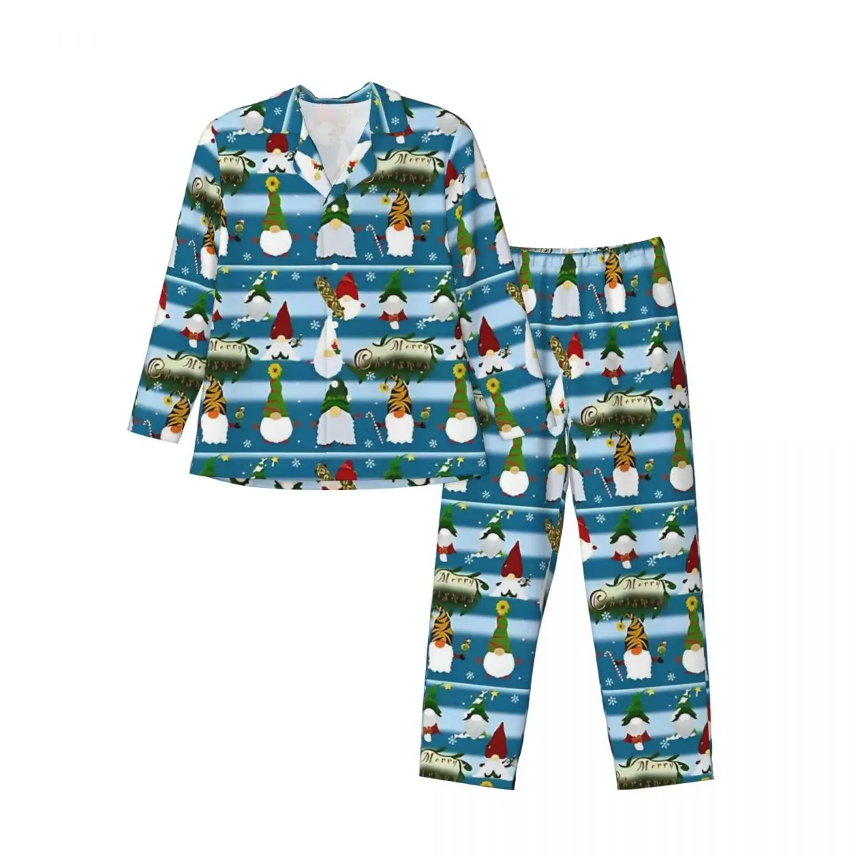 Pijamas hombre Feliz Navidad Santa lindo Gnomo ropa de dormir diaria 2 piezas conjunto de pijama Casual manga larga suave traje para casa de gran tamaño