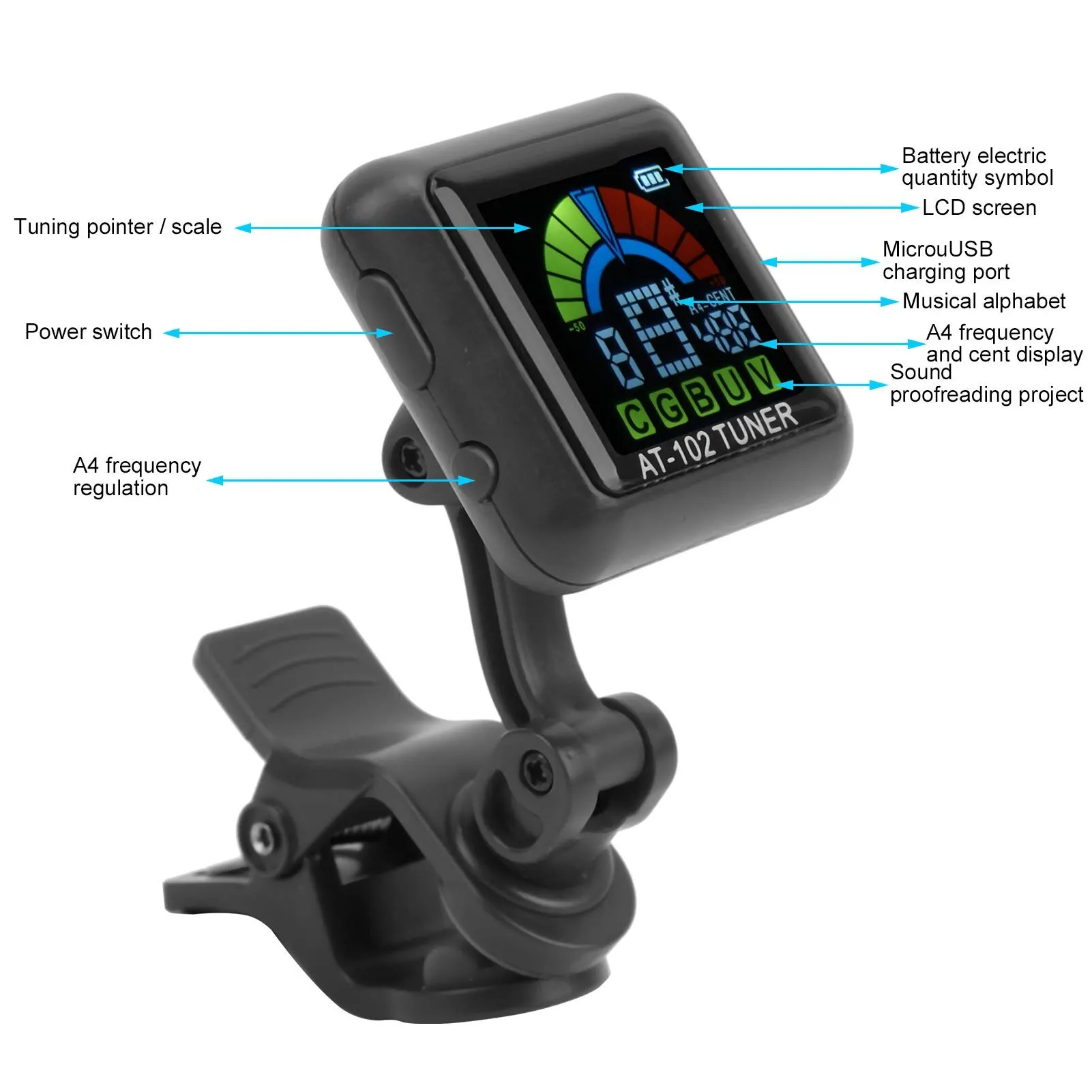 Aroma Guitar Tuner, Violin Tuner Guitar Clip‑on Tuner USB Rechargeable Built‑in Battery Violin Ukulele Tuner AT‑102 Black